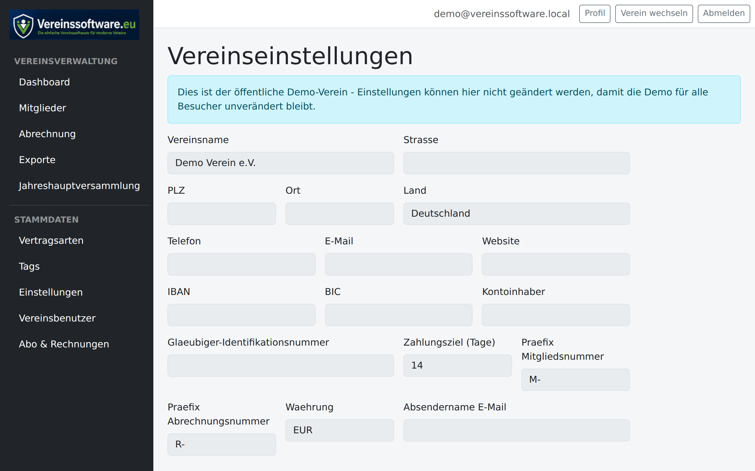 Vereinseinstellungen mit automatischem Beitragseinzug
