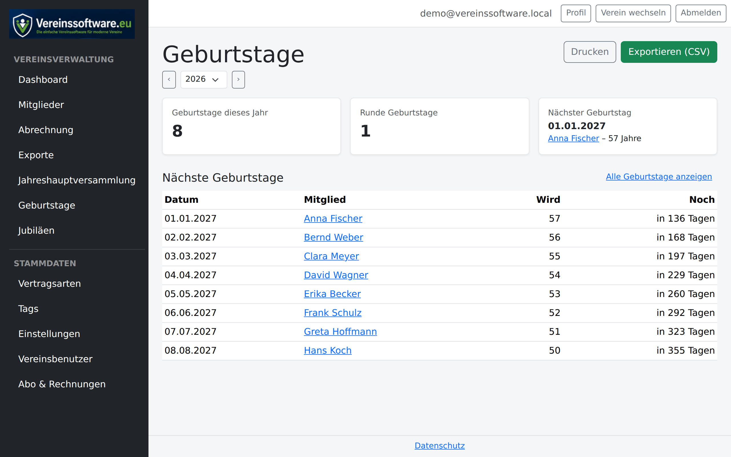 Geburtstagsliste mit runden Geburtstagen und Filtern